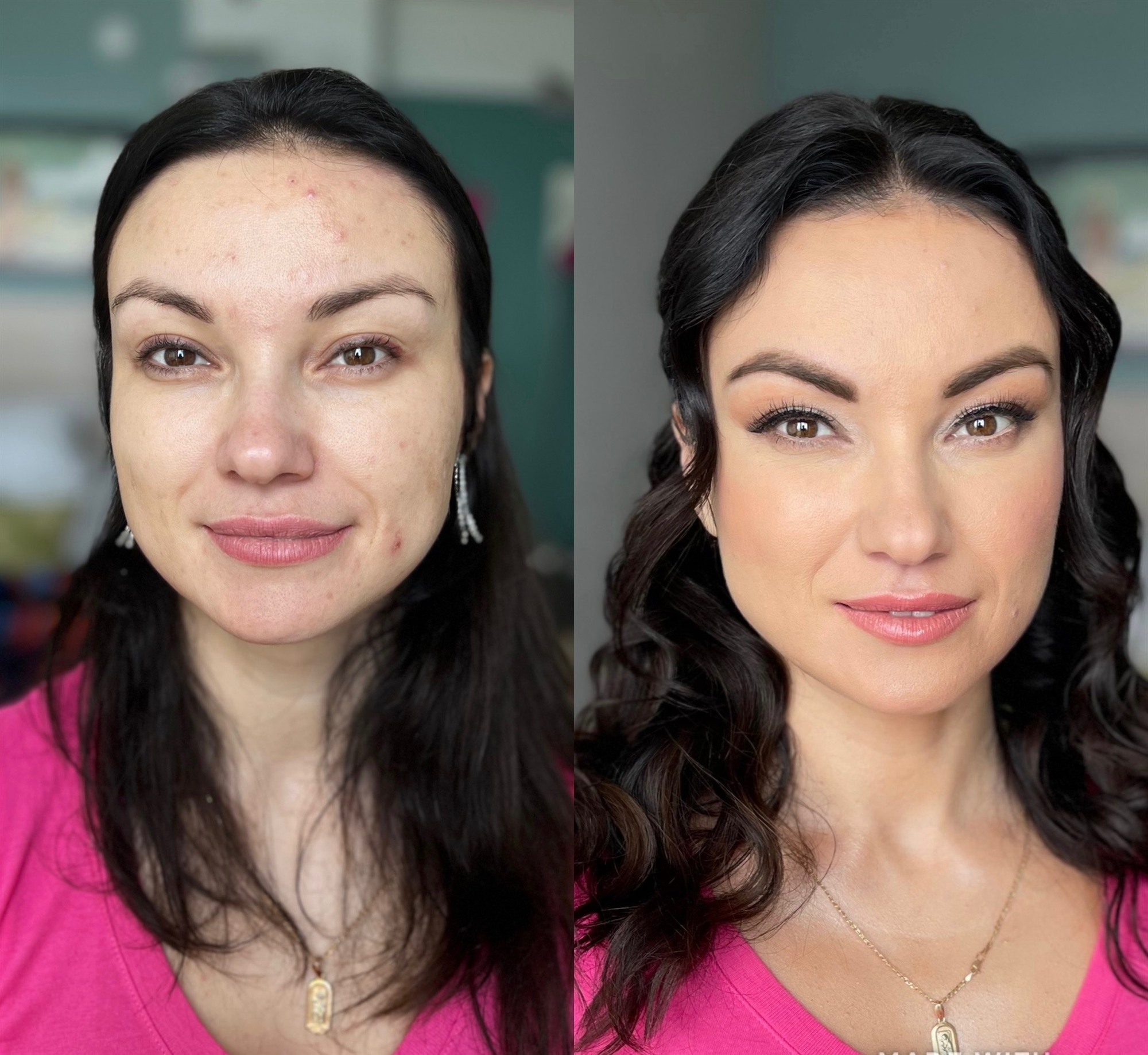 Before and after bridal makeup transformation, dramatic skin and eye makeup result